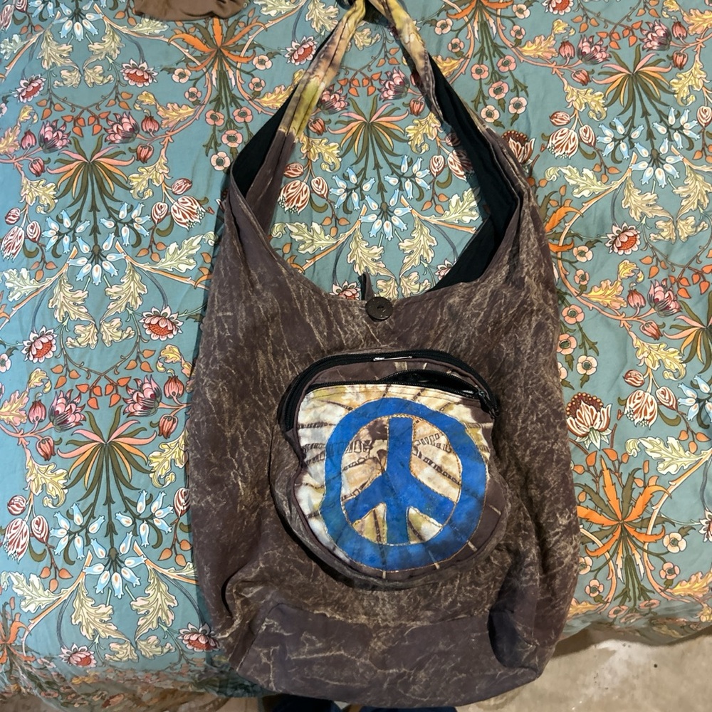 Brown Peace Sign Shoulder Bag